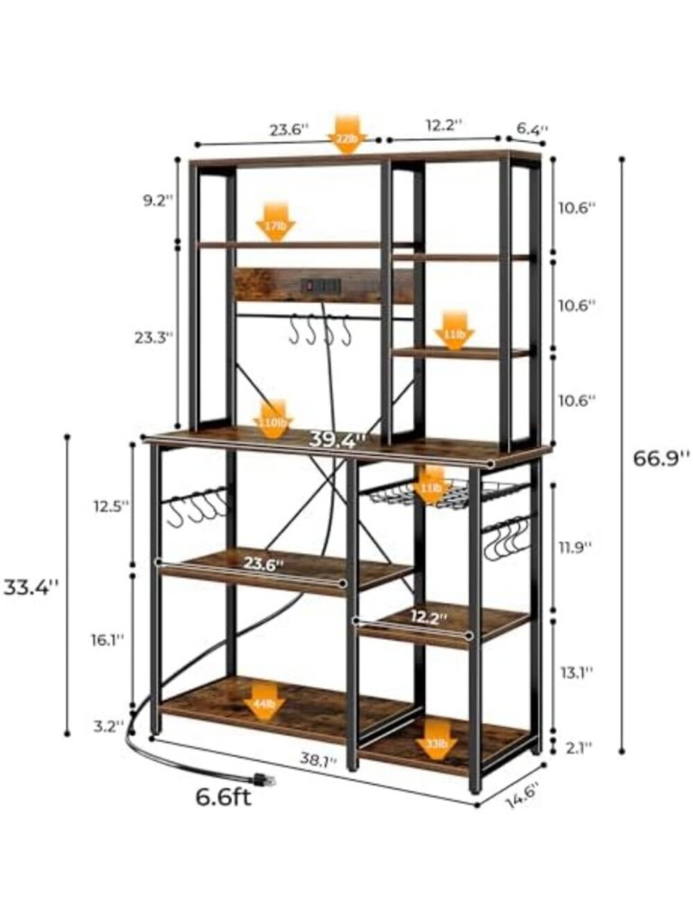 Rustic Brown Large Bakers Rack with Power Outlets - 39.4 Inch Microwave Stand - Picture 3 of 6
